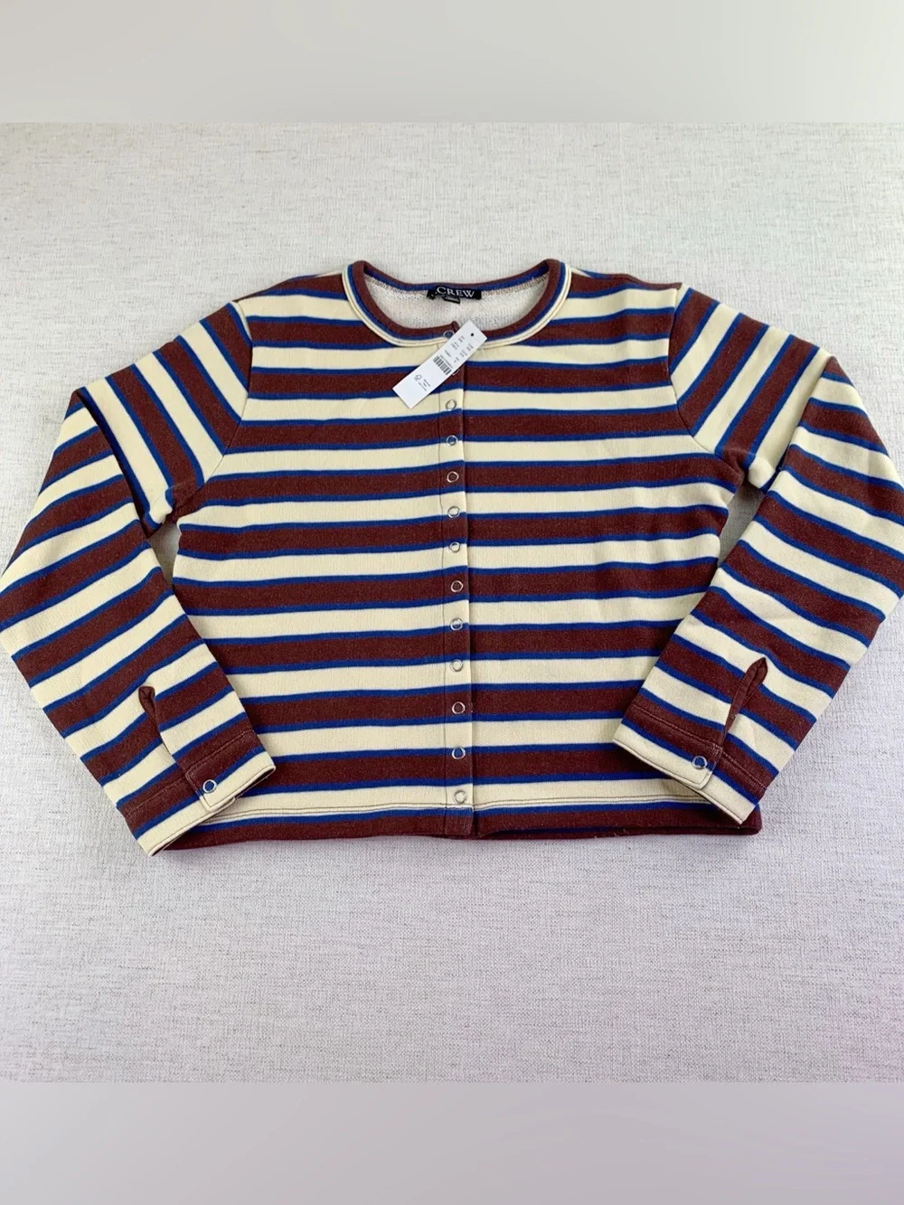 J Crew women's S Heritage terry cropped cardigan in stripe long sleeve crew neck